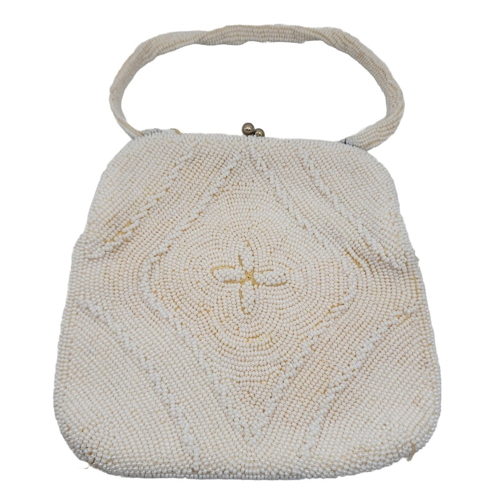 Vintage Beaded Handbag White Seed Beads Artisan Wedding Bridal Gift  READ